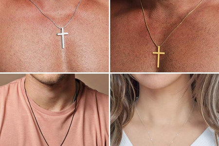 Easter Basket Stuffers - Cross Necklace for Men Teen Boys, Silver Black Gold Stainless Steel Plain Cross Pendant Necklace Box Chain 16-30 Inch