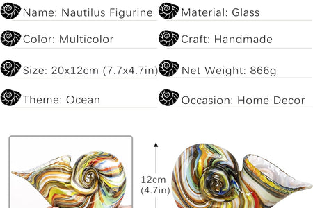 Glass Nautilus Conch, Hand Blown Seashell Art Glass Figurines, Multicolor Glass Sculpture Beautiful Glass Home Decor, Crystal Glass Paperweight